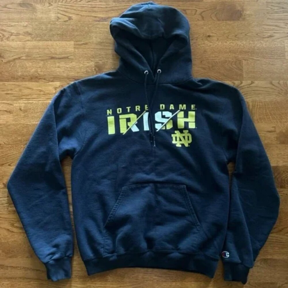 Notre Dame Champion Irish Sweatshirt Hoodie Navy Blue Pullover Hood S Cotton